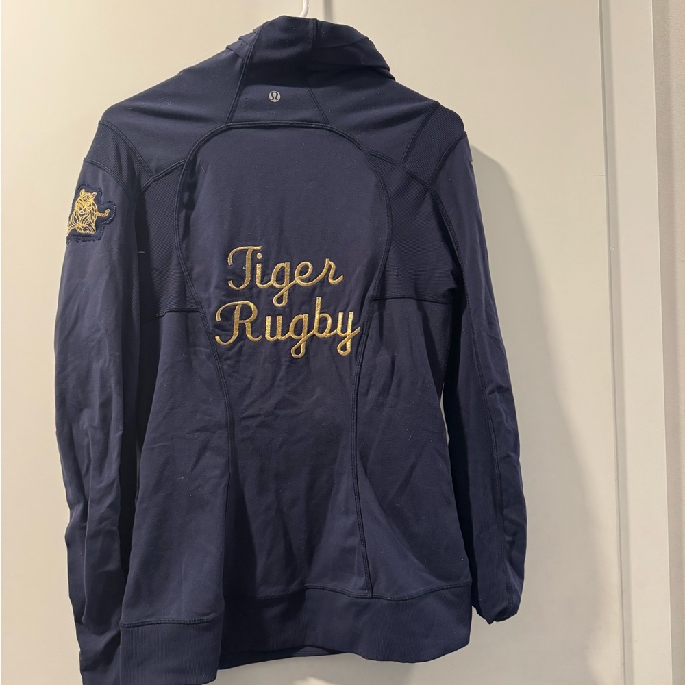 lululemon athletica Navy asymmetrical zip with Gold Embroidery, one of a kind